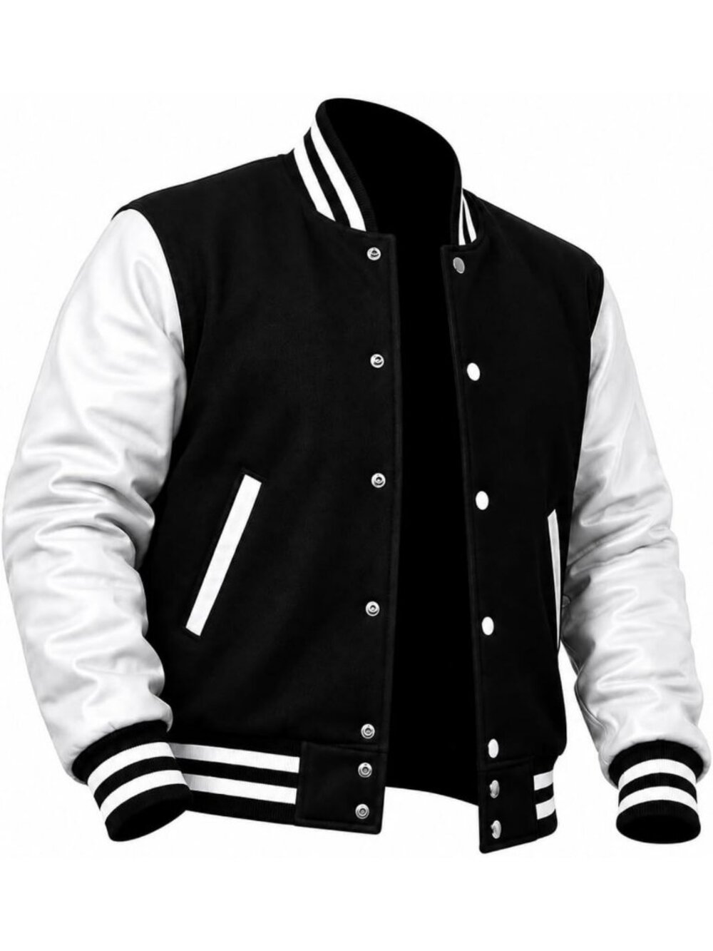 Varsity Jacket Men with Genuine Leather Sleeves and Wool Blend-Lightweight